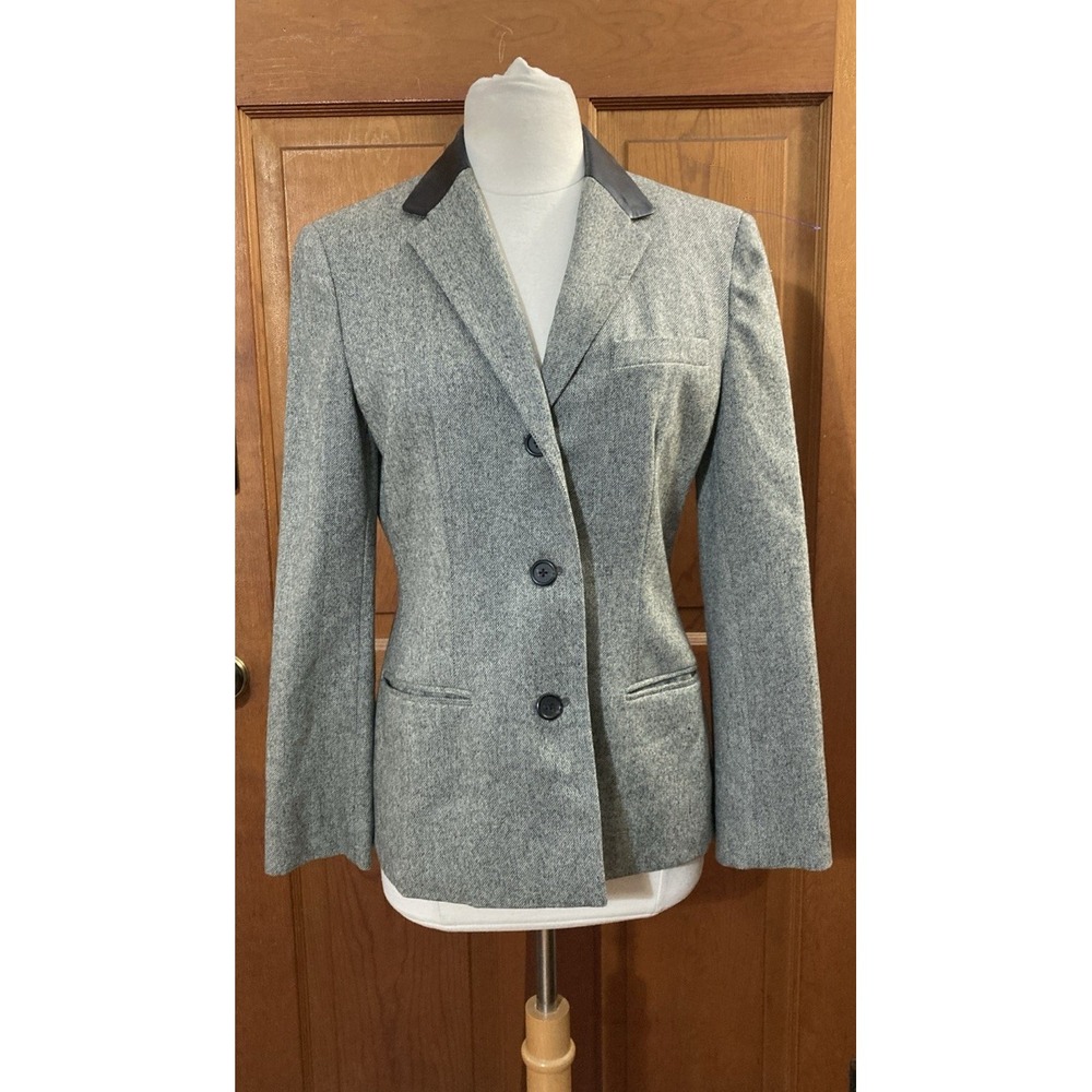 VTG Lauren Ralph Lauren Wool Leather Collar Blazer Sz 6 Black Gray‎ equestrian
